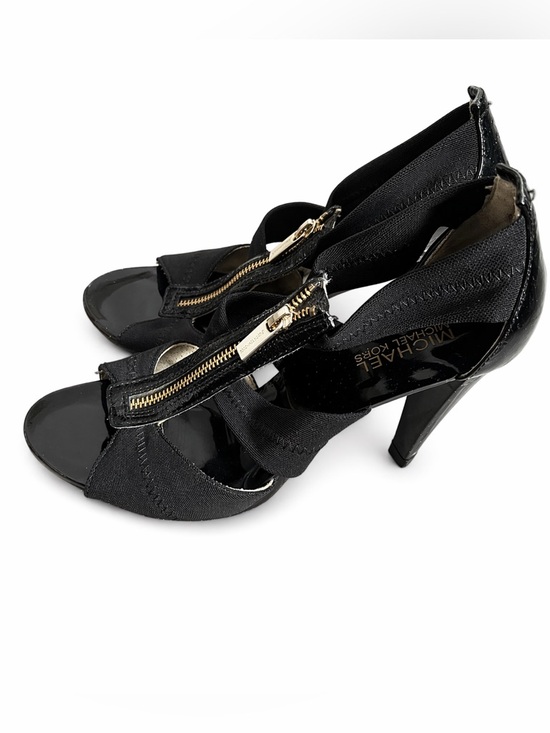 Michael Kors Shoes - Michael Kors Black and Gold Front-Zip High Heel Sandals Sz 9 M